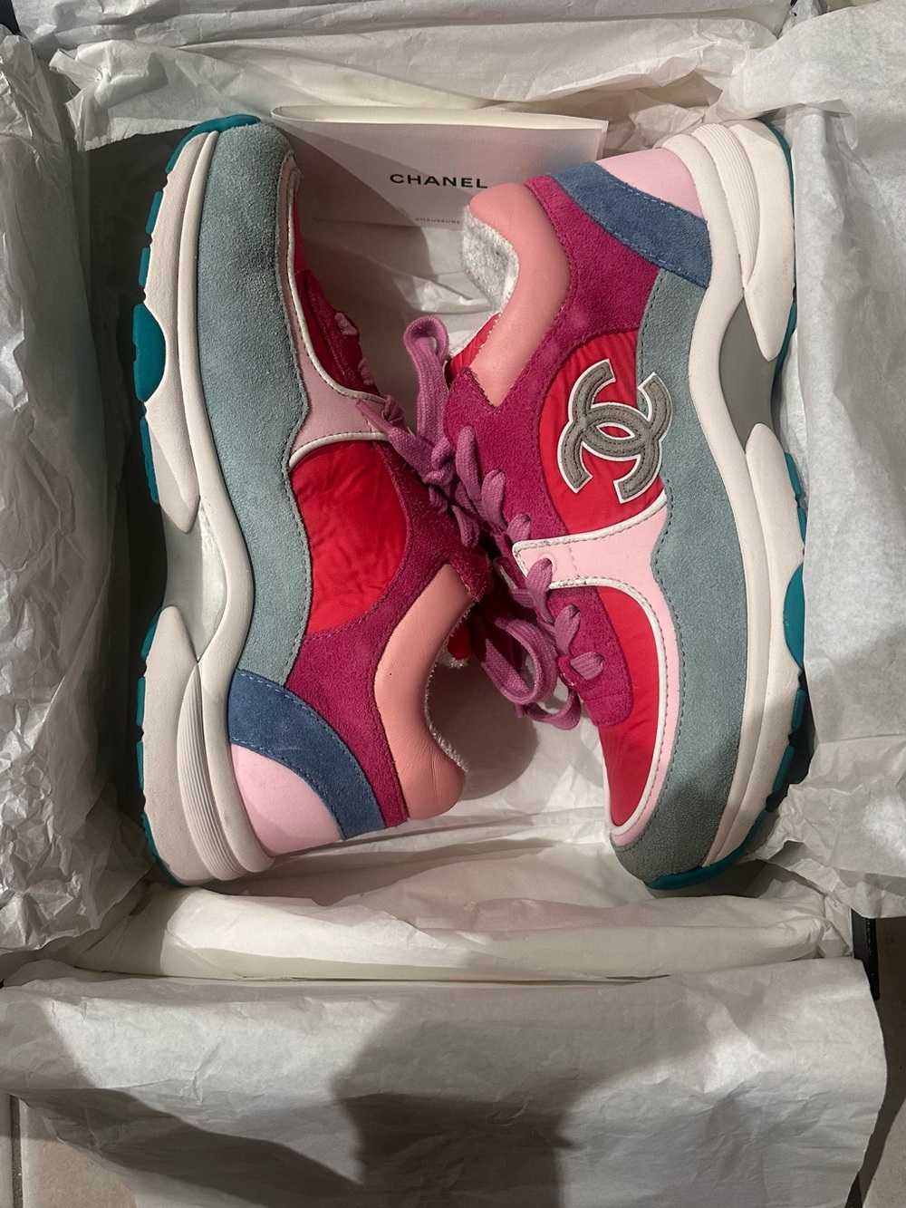 CHANEL Multicolor Suede & Mesh Runner Sneakers in Pink, Red, Gray, Blue